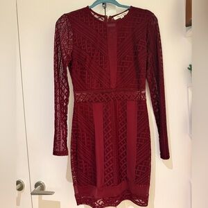 Long Sleeve Lace Sheath Dress in Burgundy, Small